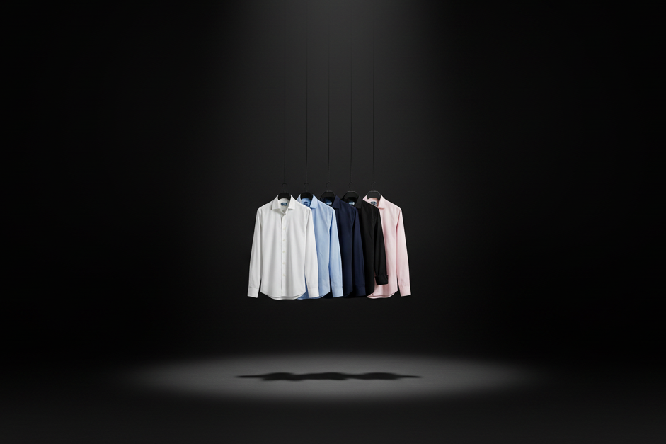 cinco camisas colgadas de perchas en blanco, celeste, azul, negro y rosa.